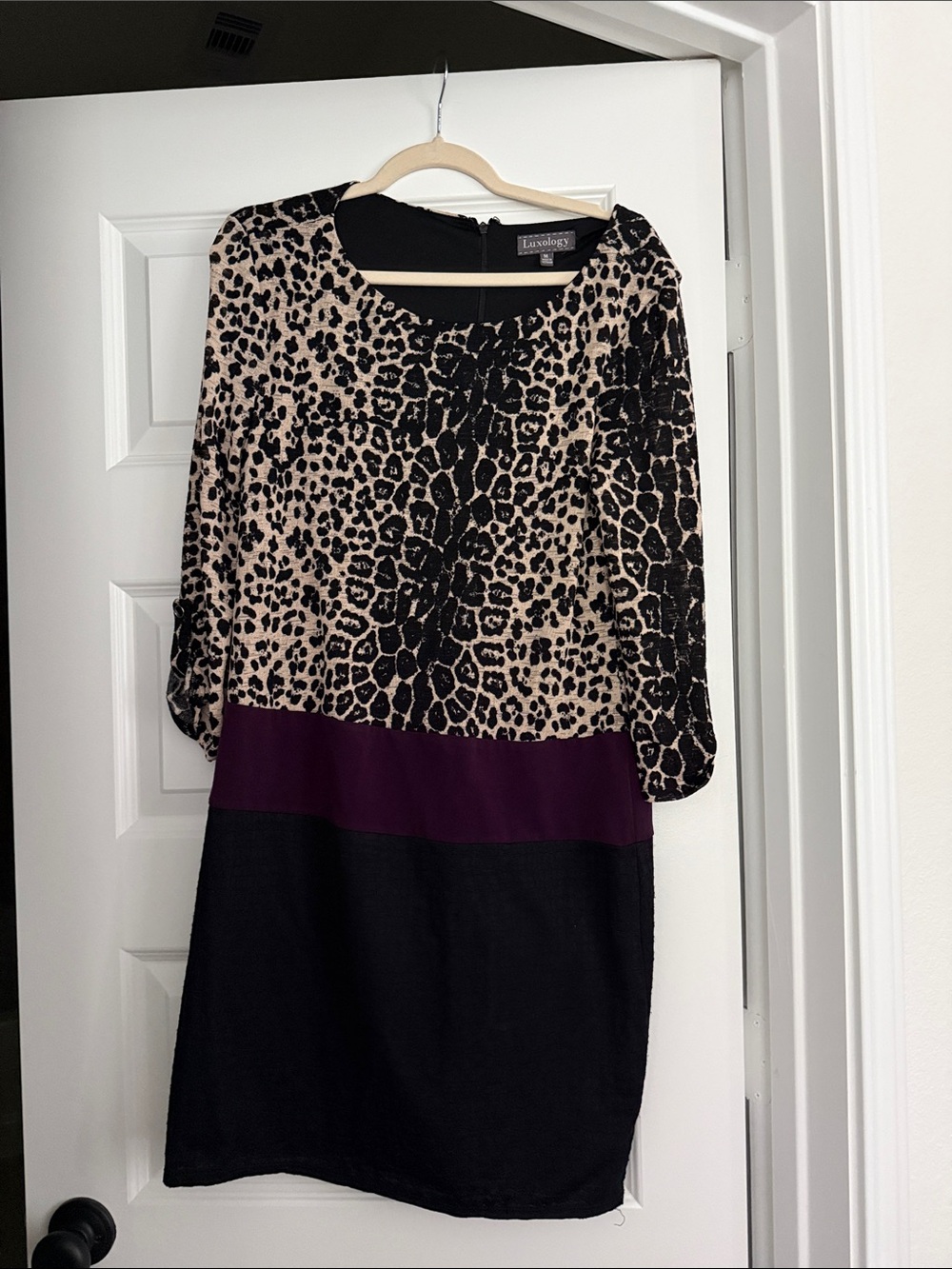 Luxology Leopard Print Colorblock Dress - Black, Cream & Plum